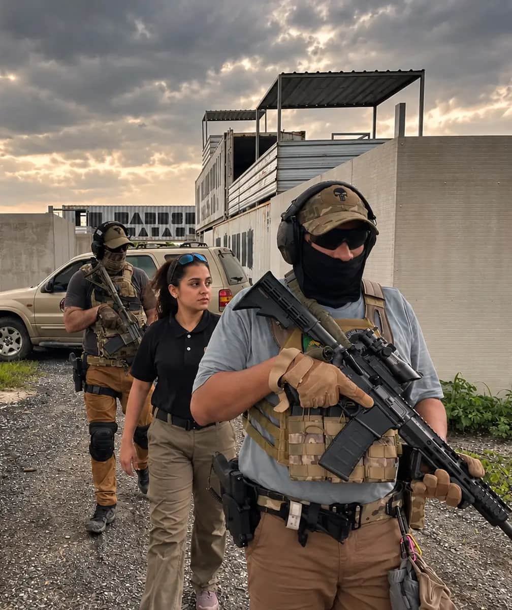 An armed protection team moving a principal past a vehicle at dusk