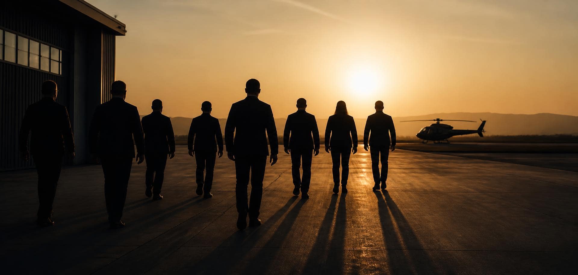 Protection team walking across a training facility apron at golden hour