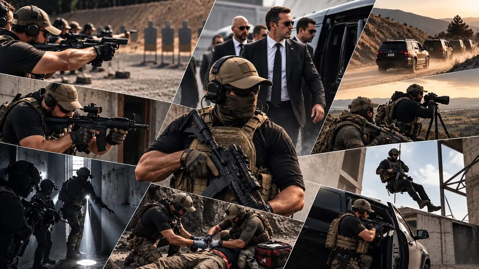 A composite of Unit 21 Group training: range work, close protection, convoy movement, observation, breaching, casualty care and rope access