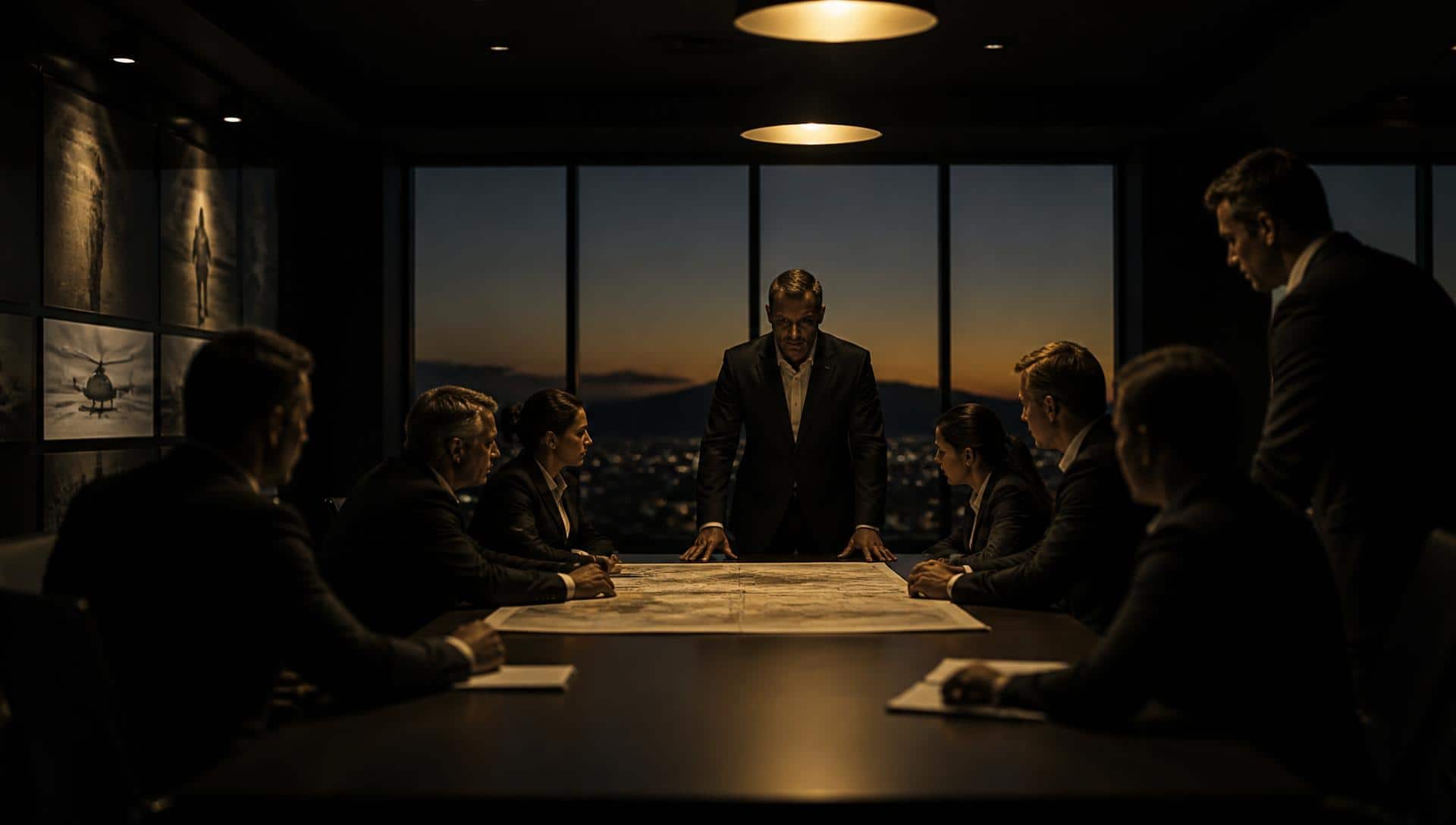 A security team around a briefing table at dusk
