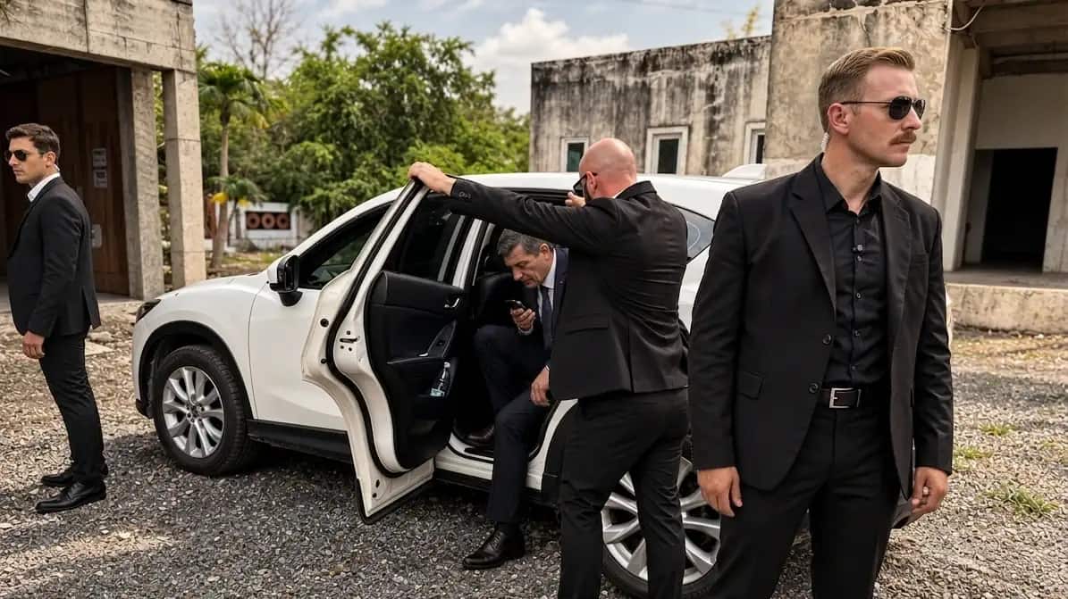 A close protection detail covering a principal into a vehicle